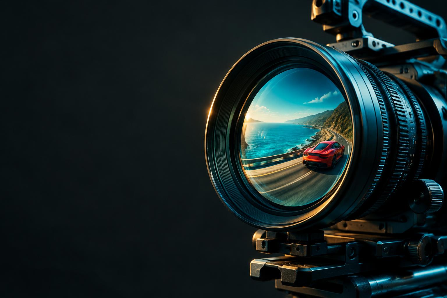 Câmera de cinema com uma cena de estrada refletida na lente